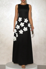 marcia 3D Flower A-Line maxi dress in black