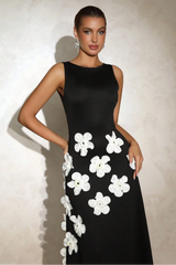 marcia 3D Flower A-Line maxi dress in black