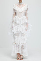 sylvia Sheer lace trumpet sleeve maxi dress in white
