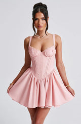 lace ruffle trim corset mini dress in pink