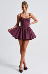 lace ruffle trim corset mini dress in purple