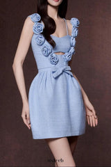 chaya Pastel Blue 3d flower Ribbon Mini Dress