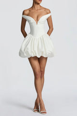 daisy v-neck strapless puffy Mini Dress - Ivory