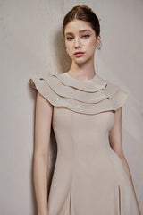 A-line Jewel Neck Viscose Ankle maxi Dress in beige