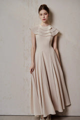 A-line Jewel Neck Viscose Ankle maxi Dress in beige
