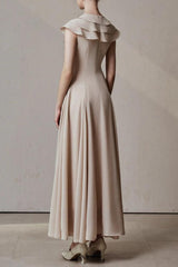 A-line Jewel Neck Viscose Ankle maxi Dress in beige