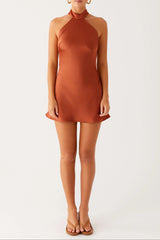 halter backless satin Mini Dress in Rust
