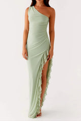 one-shoulder slit ruffle trim Maxi Dress in Sage green