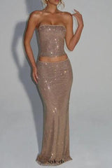mirabelle sequin tube top maxi skirt suit in gold