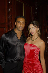 pleated strapless high slit maxi dress in red