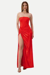 pleated strapless high slit maxi dress in red