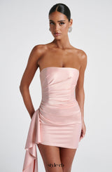 Leoni pleated satin strapless mini dress in pink