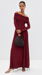sara bodycon strapless long sleeve maxi dress in burgundy