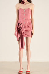 Tube Top Rosette Mini Two Piece Dress in Pink