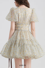 Printed V-neck tutu mini dress in Daisy Yellow