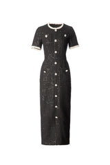 Round Neck Short Sleeves sequin Maxi Dress in black