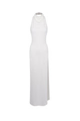 sharon halter backless high slit diamond maxi dress in white