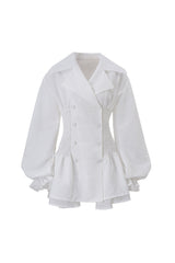 zenobia Large lapel button puff sleeve tutu mini dress in white