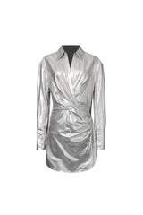 maud Metallic pleated shirt mini Dress in silver