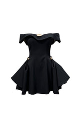 metal detail a-line off-shoulder mini dress in Black