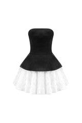 Petal-layered velvet top mini skirt suit without glove - black/white