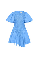 eudora Asymmetric pleated puff sleeve mini dress in mist blue