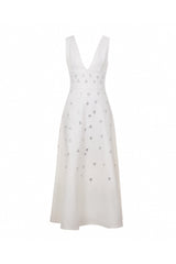 lily diamond V-neck midi dress in white