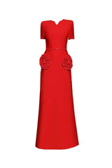 3d flower embellished slim maxi dress in red