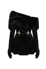 daphne long sleeve fur Velvet mini Dress in black