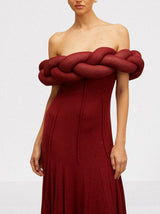 Padded Braided Off-Shoulder Maxi Dress in burgundy