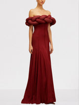 Padded Braided Off-Shoulder Maxi Dress in burgundy