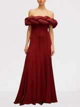 Padded Braided Off-Shoulder Maxi Dress in burgundy