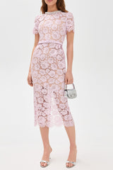 Pink hollow Lace Pearl Midi Dress