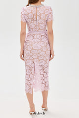 Pink hollow Lace Pearl Midi Dress