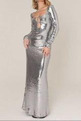 sequin long sleeve cut out maxi dress in silver