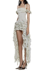 elva halter three-dimensional flower irregular tassel mini dress in Beige