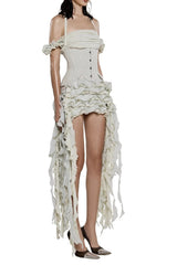 elva halter three-dimensional flower irregular tassel mini dress in Beige