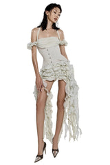 elva halter three-dimensional flower irregular tassel mini dress in Beige
