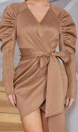 STRETCH LONG SLEEVES MINI DRESS IN PARCHMENT styleofcb