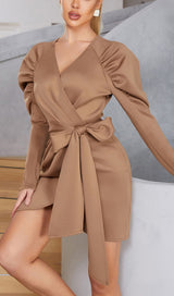 STRETCH LONG SLEEVES MINI DRESS IN PARCHMENT styleofcb