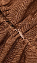 BROWN OFF-THE-SHOULDER PLEATED LONG-SLEEVED MIDI DRESS styleofcb