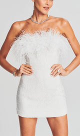 SEQUIN FEATHER STRAPLESS MINI DRESS IN WHITE styleofcb