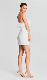 SEQUIN FEATHER STRAPLESS MINI DRESS IN WHITE styleofcb