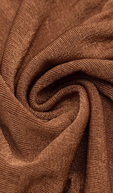 BROWN OFF-THE-SHOULDER PLEATED LONG-SLEEVED MIDI DRESS styleofcb