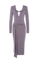 KNIT CUTOUT LONG SLEEVES MIDI DRESS IN PURPLE styleofcb