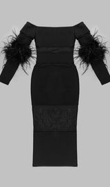 BANDAGE OFF-SHOULDER FEATHER MIDI DRESS IN BLACK styleofcb