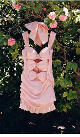 PINK BOW CUT OUT RUCHED MINI DRESS styleofcb