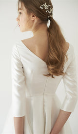 ELEGANT SATIN LONG SLEEVES MIDI DRESS IN IVORY styleofcb