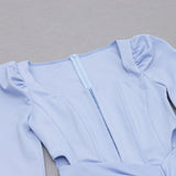 LIGHT BLUE SQUARE-NECK PUFF SLEEVE SIDE HIGH SLIT DRESS styleofcb