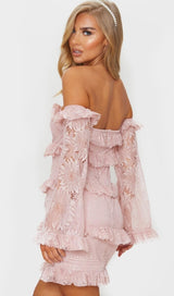 LACE TIERED FRILL DETAIL BARDOT BODYCON DRESS IN DUSTY PINK Dresses styleofcb